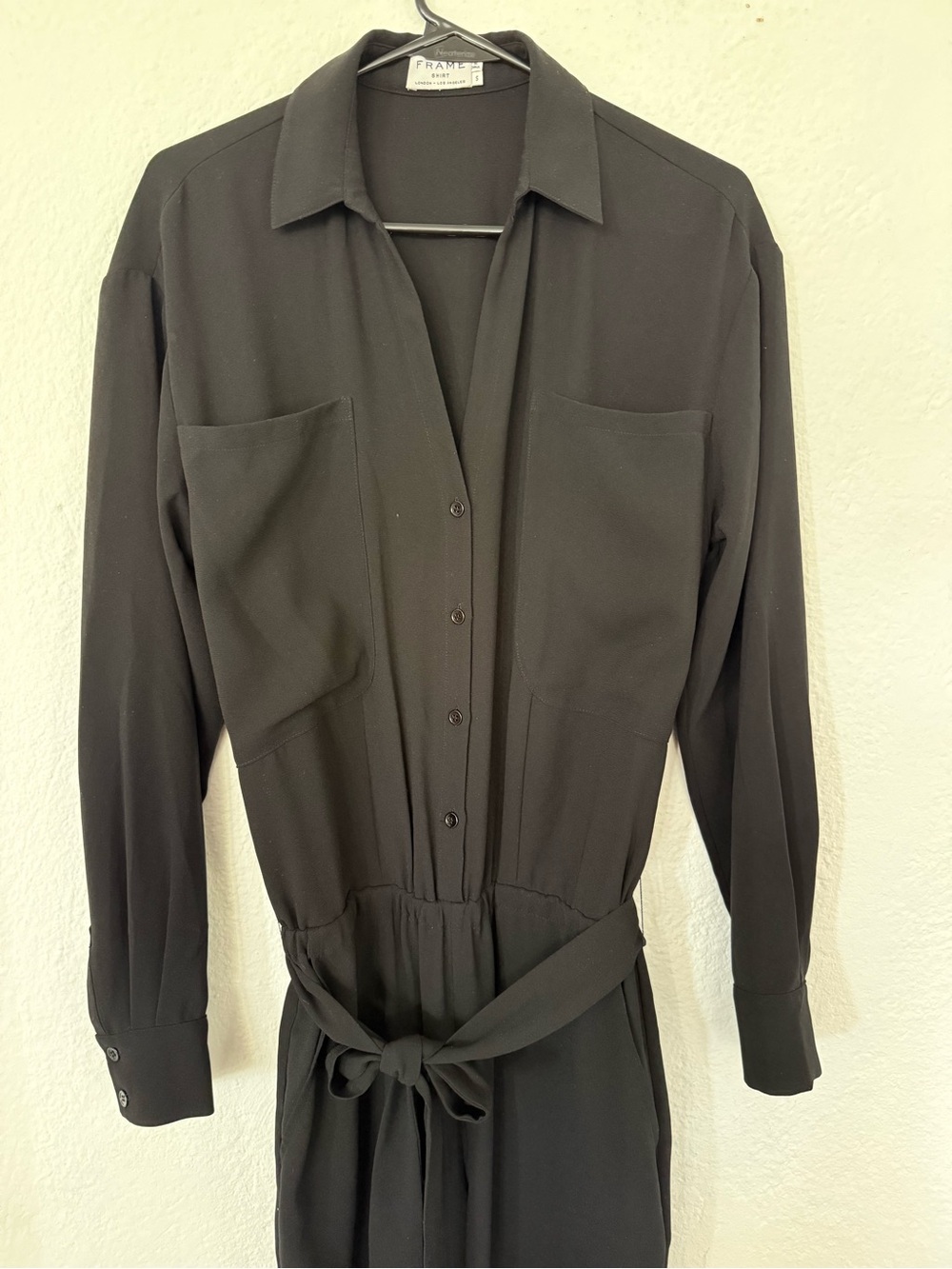 Frame Denim Black Long-Sleeve Jumpsuit with Waist Tie